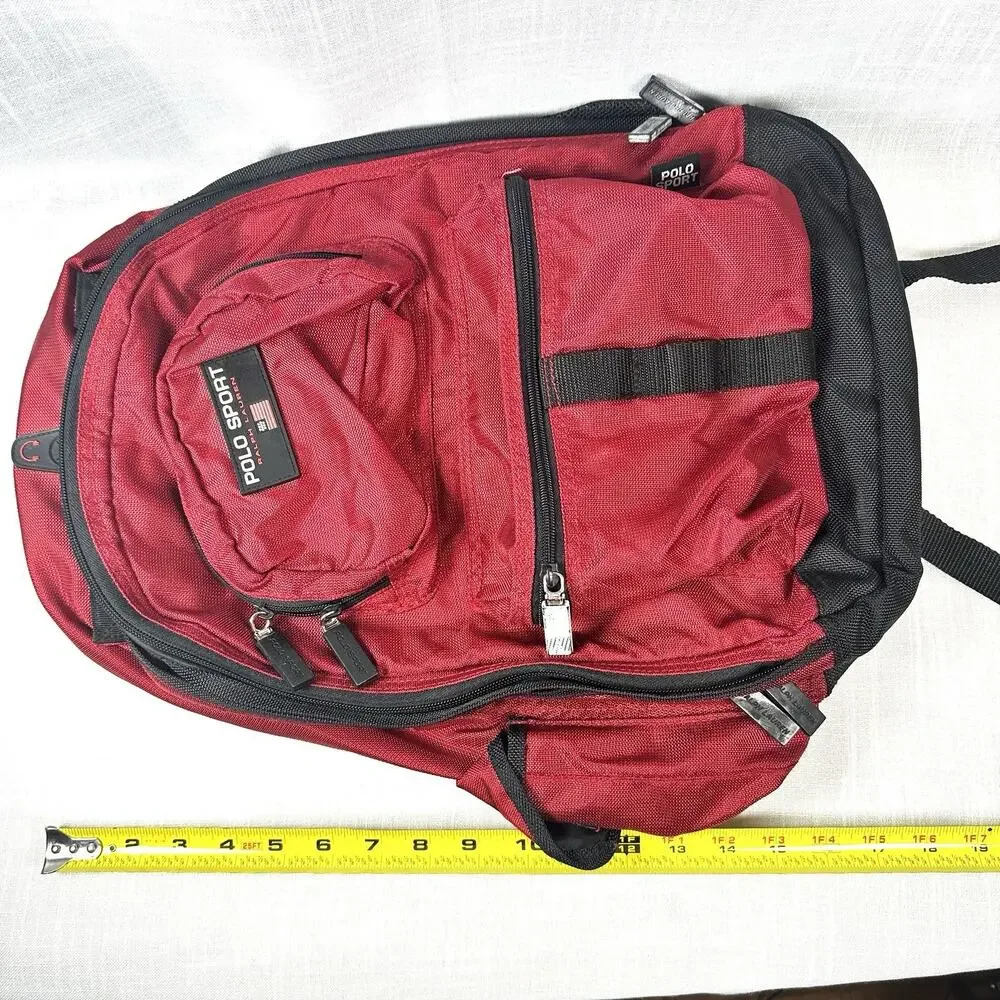 Vintage Polo Sport Ralph Lauren Backpack Red RL Flag Multi Pocket